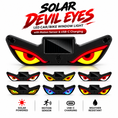 Solar & USB-C Devil Eyes LED Car/Bike Window Light – Smart Motion Sensor Warning & Ambient Styling Light with Dynamic Lighting Effects